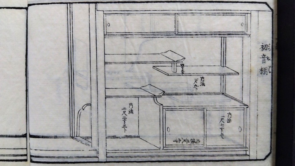 初音棚　和室違い棚　種類と寸法のひな型　traditional japanese architecture elements