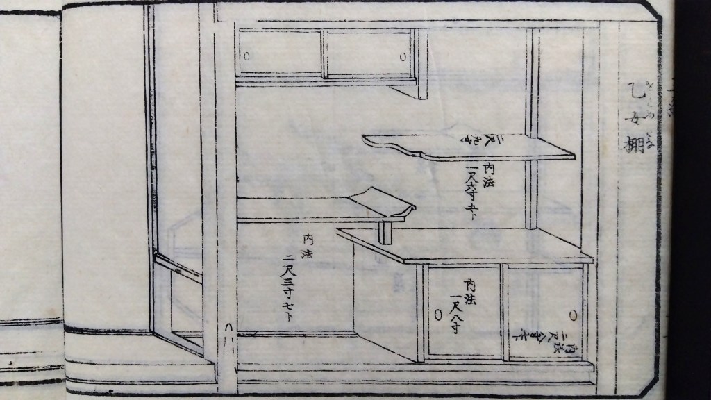 乙女棚　和室違い棚　種類と寸法のひな型　traditional japanese architecture elements