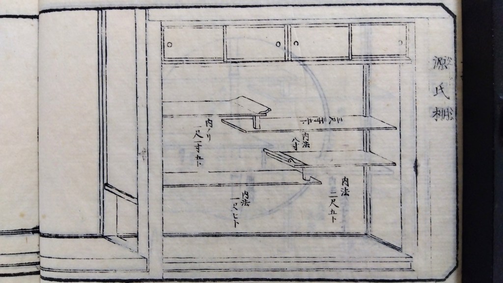 源氏棚　和室違い棚　種類と寸法のひな型　traditional japanese architecture elements