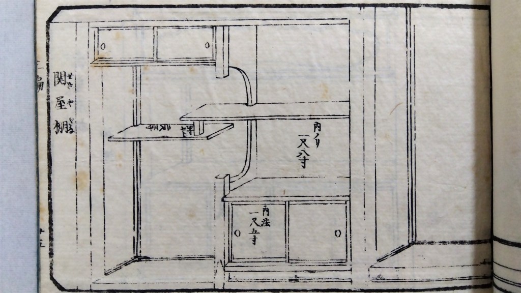 関屋棚　和室違い棚　種類と寸法のひな型　traditional japanese architecture elements