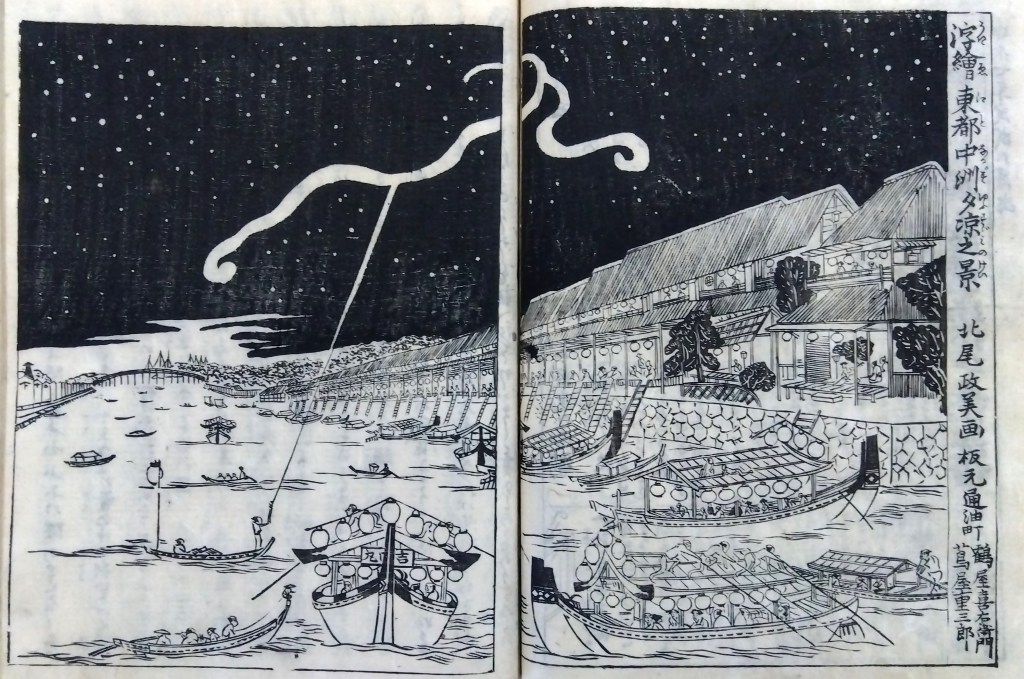 江戸時代の花火と屋形船で夕涼みする　浮絵　東都中洲夕涼みの景　北尾政絵美画　